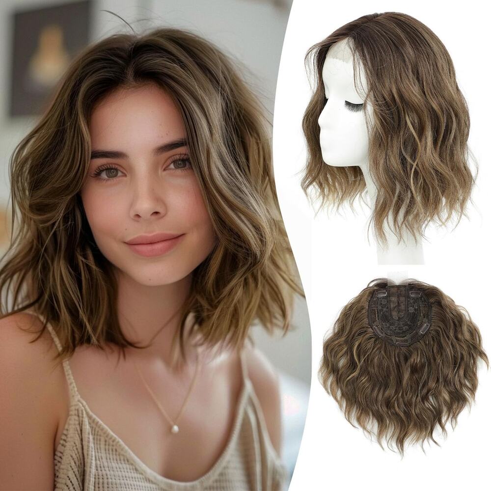 Womens Short Wavy Bob Wig Topper 10" Brown Highlights Lace Top Layered Hair